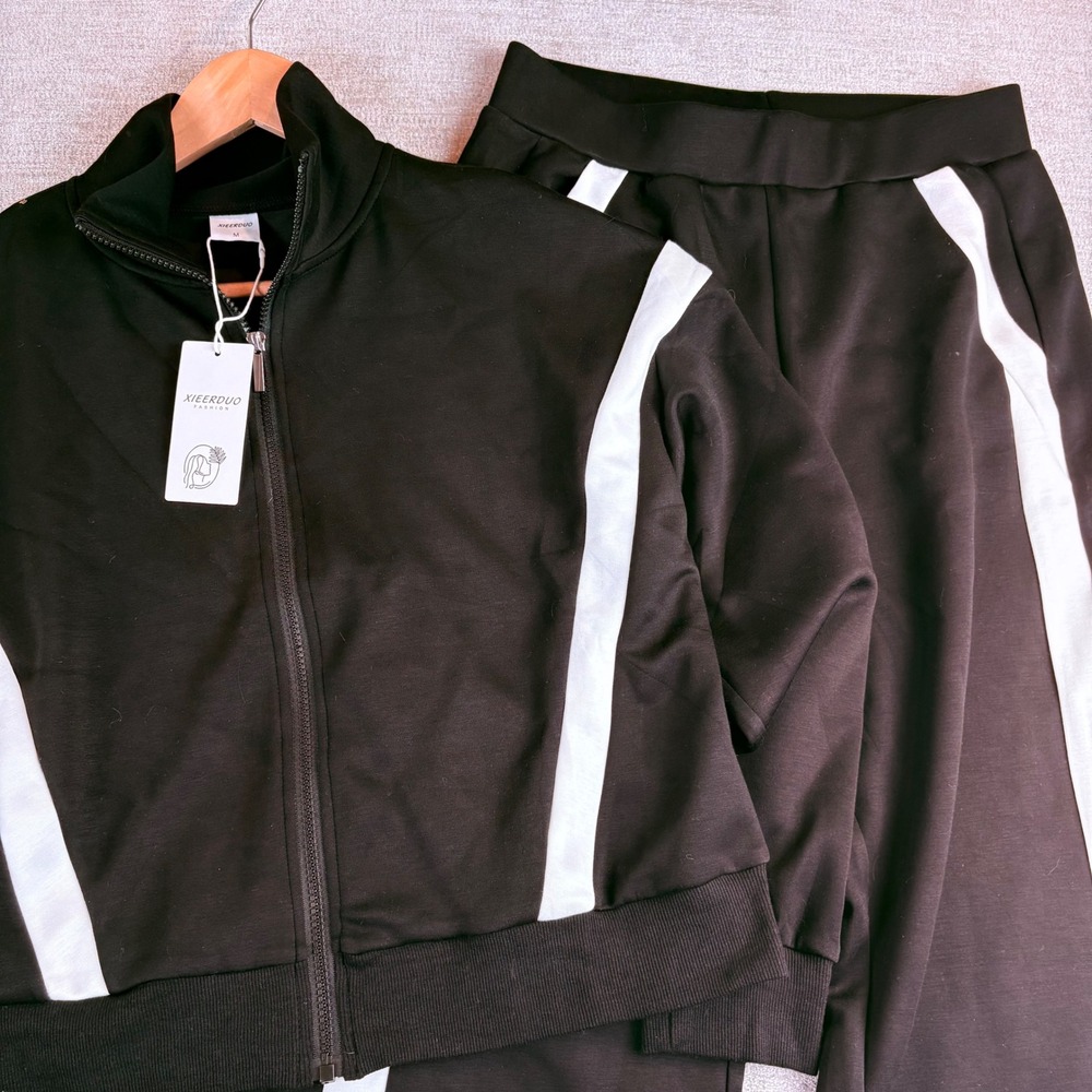 NEW Xieerduo Black White Striped Tracksuit Set Zip Up Jacket Wide Leg Pant M NWT